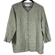 FLAX 100% Linen Button Up Top Womens L Green Boxy Tunic Lagenlook Flowy Artsy