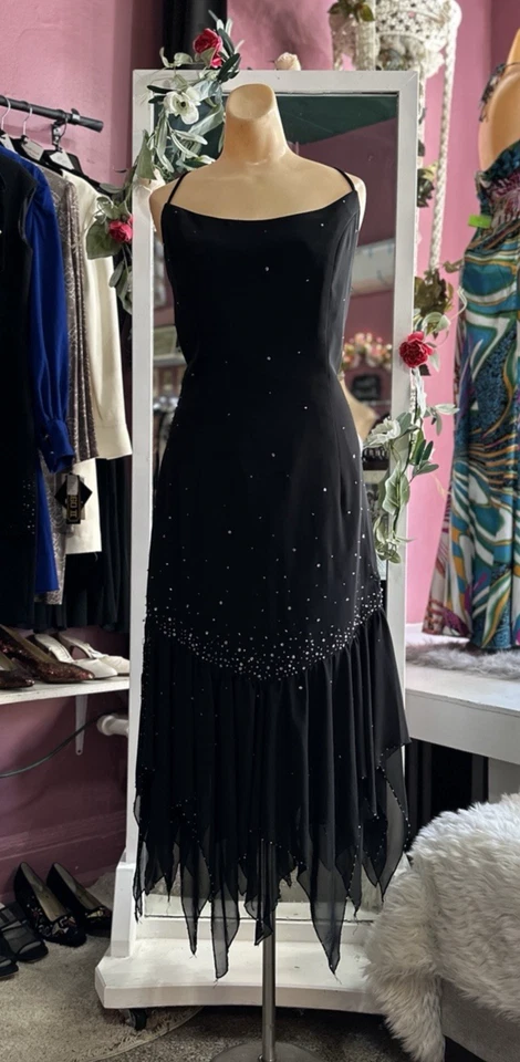 Vestido midi vintage años 90 Y2K con cuentas de hadas negro con tiras cóctel fiesta caprichoso L/XL Foto 2 de 4