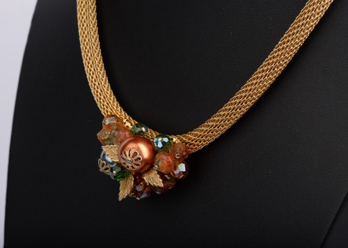 Vintage Necklace & Earrings Set – Amber Glass, Faux Pearls & Gold Mesh Chain - Picture 6 of 14