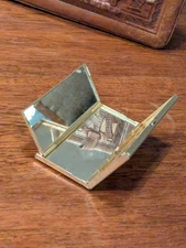 Vintage J Moor double Orchid Gold Tone Tri Fold Mirror Compact With Stand