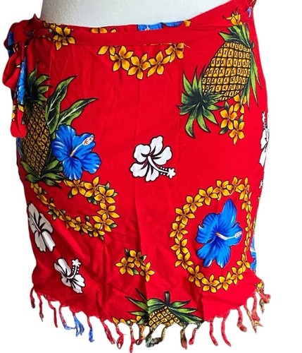 Falda Envolvente Hawaiana De Colección Sarong Roja Tropical Playa Vacaciones Floral Años 90 Y2k - Imagen 2 de 6