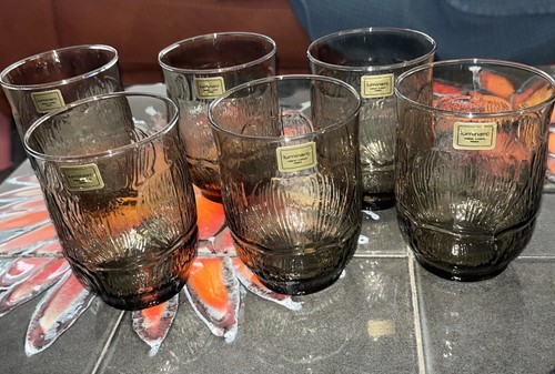 6 Vintage Luminarc Fume Fleur Smoked Glass Tumblers 300ml 1970’s New - Picture 2 of 7
