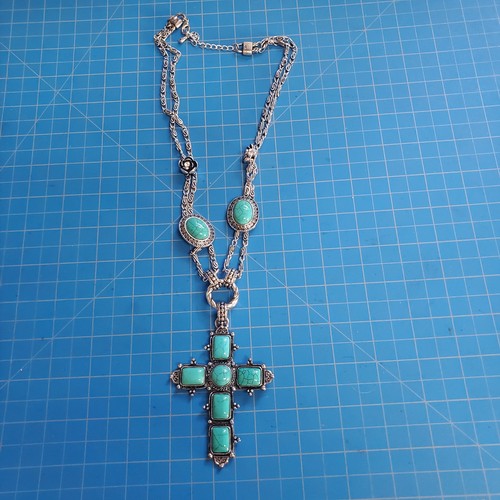 Large Turquoise Color Gemstone Silver Cross Necklace, Emblished 20" Chain - Picture 5 of 5