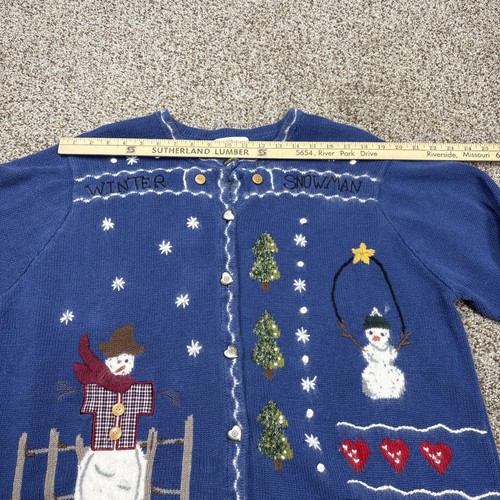 Vintage Christmas Sweater Women 2X Blue Cardigan Winter Snowman Quacker Factory - Picture 9 of 14