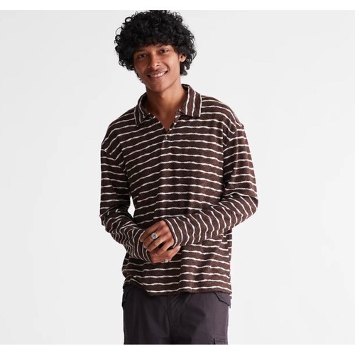 Urban Outfitters BDG Long Sleeve Polo Shirt Brown & White Retro Stripe Men Large - Picture 1 of 10
