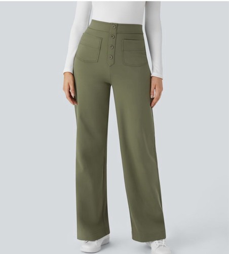 Pantalones Halara Cintura Alta Pierna Recta M Verde Oliva Bosque Noche Nuevos con Etiquetas - Imagen 8 de 9