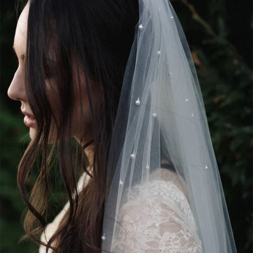 Ivory Bridal Veil with Comb One Layer Cathedral Royal Pearl Wedding Veil - Picture 2 of 5