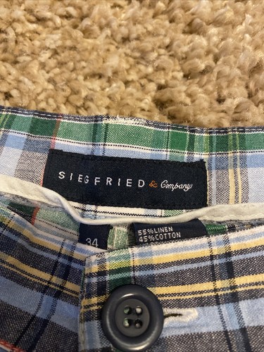 Mens Plaid Siegfried & Company Shorts Size 34 Golf Flat Front Linen Blend - Picture 5 of 7
