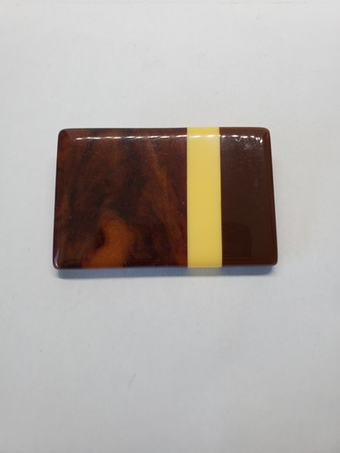 Vintage Brown Marbled Yellow Bakelite Rectangle Laminated Brooch