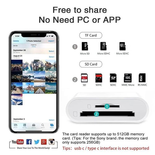 For iPhone to SD Card Camera Reader Adapter for iPhone XR XS max X iPad Pro Mini - Picture 15 of 18