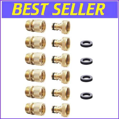 Durable Garden Hose Quick Connect Fittings - 3/4" GHT Brass Couplings (6 Sets)