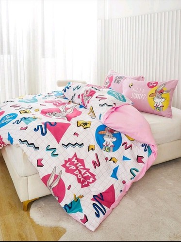 LOONEY TUNES Cartoon Printed Pink Reversible Duvet Cover Set Sz Queen Bugs Bunny - Picture 5 of 16