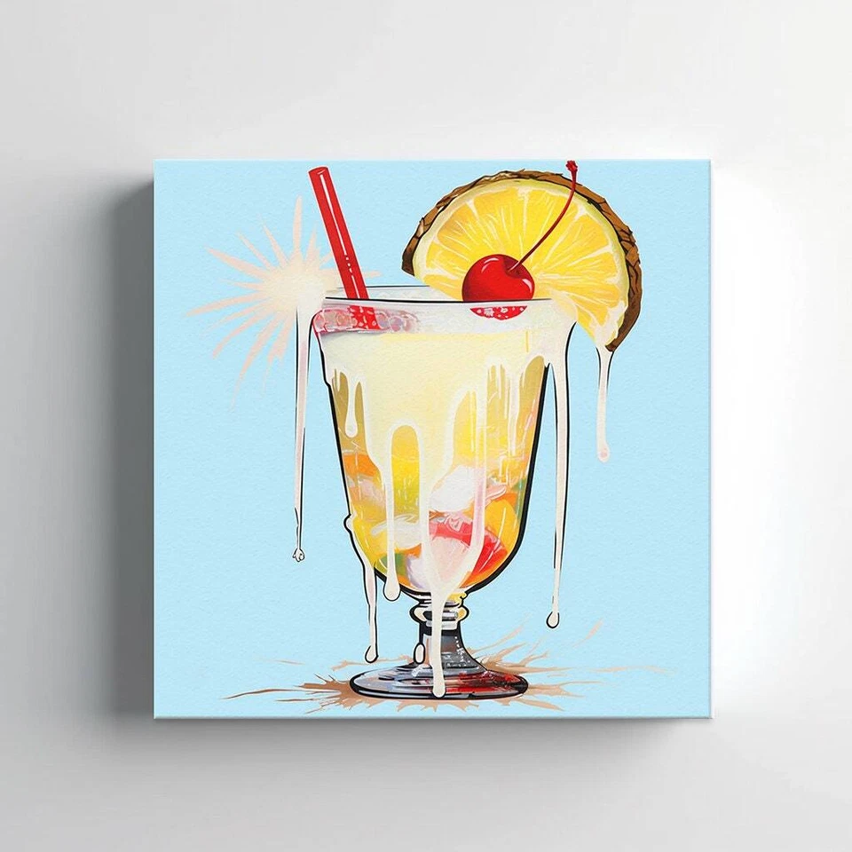 Bebida alcohólica vidrio de piña colada cóctel acuarela estampado en lona, cocina Foto 3 de 4