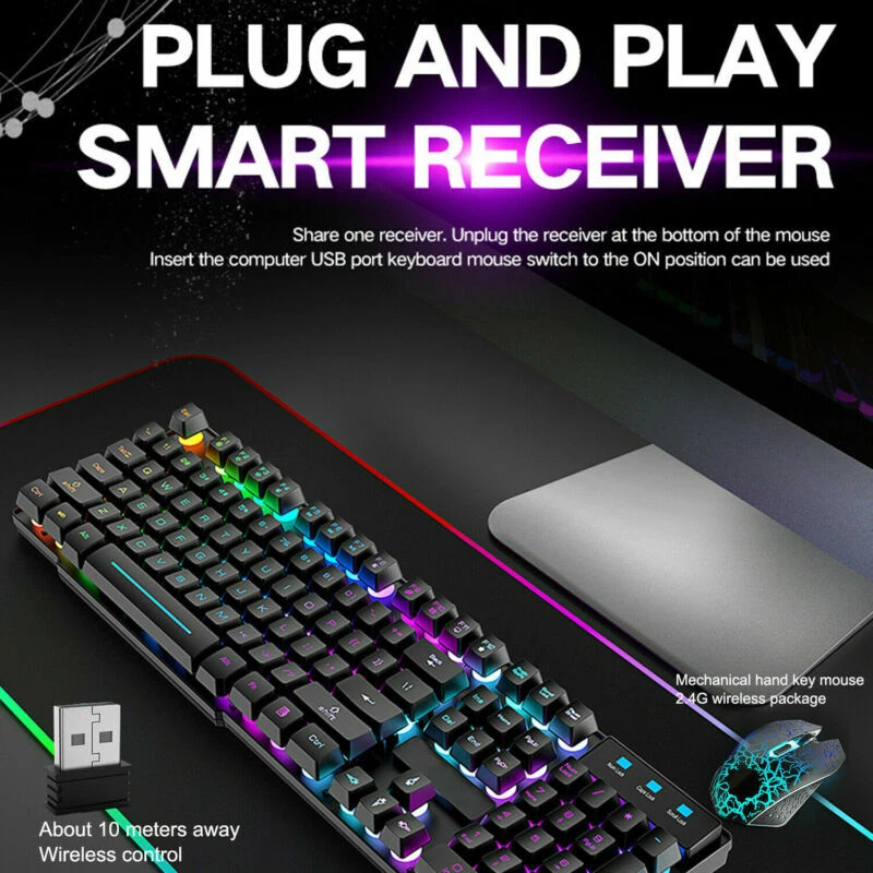 Wireless & Wire Gaming Keyboard and Mouse Combo LED Backlit Rechargeable For PC - Image 3 of 4