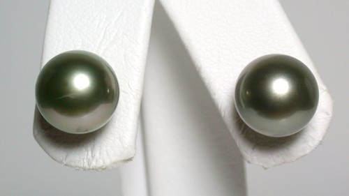 10mm AA++ quality pistachio Tahitian saltwater pearl & 18 carat gold earrings - Picture 2 of 4