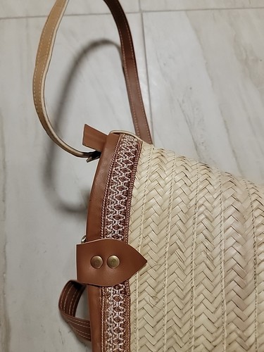 straw bag leather handles beach With Zipper Moroccan, All Handmade, U.S. Seller - Picture 8 of 10