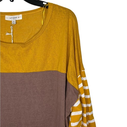 Umgee Yellow/Brown/Gray Long Puff Sleeve Color-block Striped Top 1XL - Picture 6 of 11