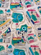 Vintage 1997 Blank Textiles Cotton Fabric Map Of Town 4 Yards x 44" NOS