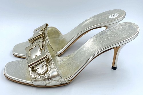 NUEVO GUCCI Logo Plateado Guccissima Arco Hebilla Gatito Tacones 6.5 Mules Sandalias RARAS - Imagen 4 de 10