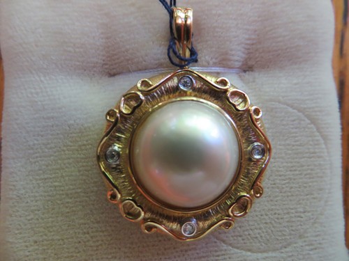 Vint Leys Christie Bellarri 14kt Mabe Pearl Blue Topaz Diamond Pendant Enhancer - Picture 3 of 23