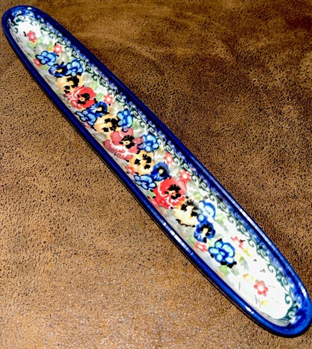 Polish Pottery Unikat Handcrafted Olive Boat Blue Floral Signed & Numbered 10” L - Picture 4 of 18