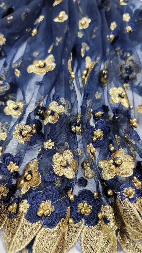 Embroidered Beads Lace Navy Blue Mesh 3d Gold Flower Fabric By The Yard Quinceañ - Image 2 of 4