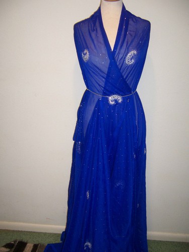 FANTASTIC DESIGNER FABRIC ROYAL BLUE CHIFFON W/ METALLIC SILVER EMBROIDERY 6yds - Bild 6 von 10
