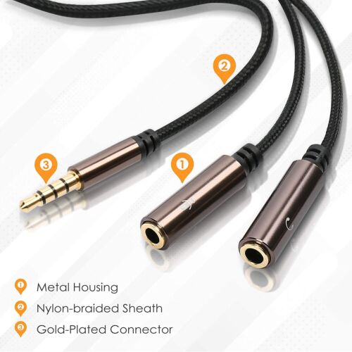 2 Pack 12" 1 Male to 2 Female Gold Plated 3.5mm Audio Y Splitter Headphone Cable - Picture 2 of 7