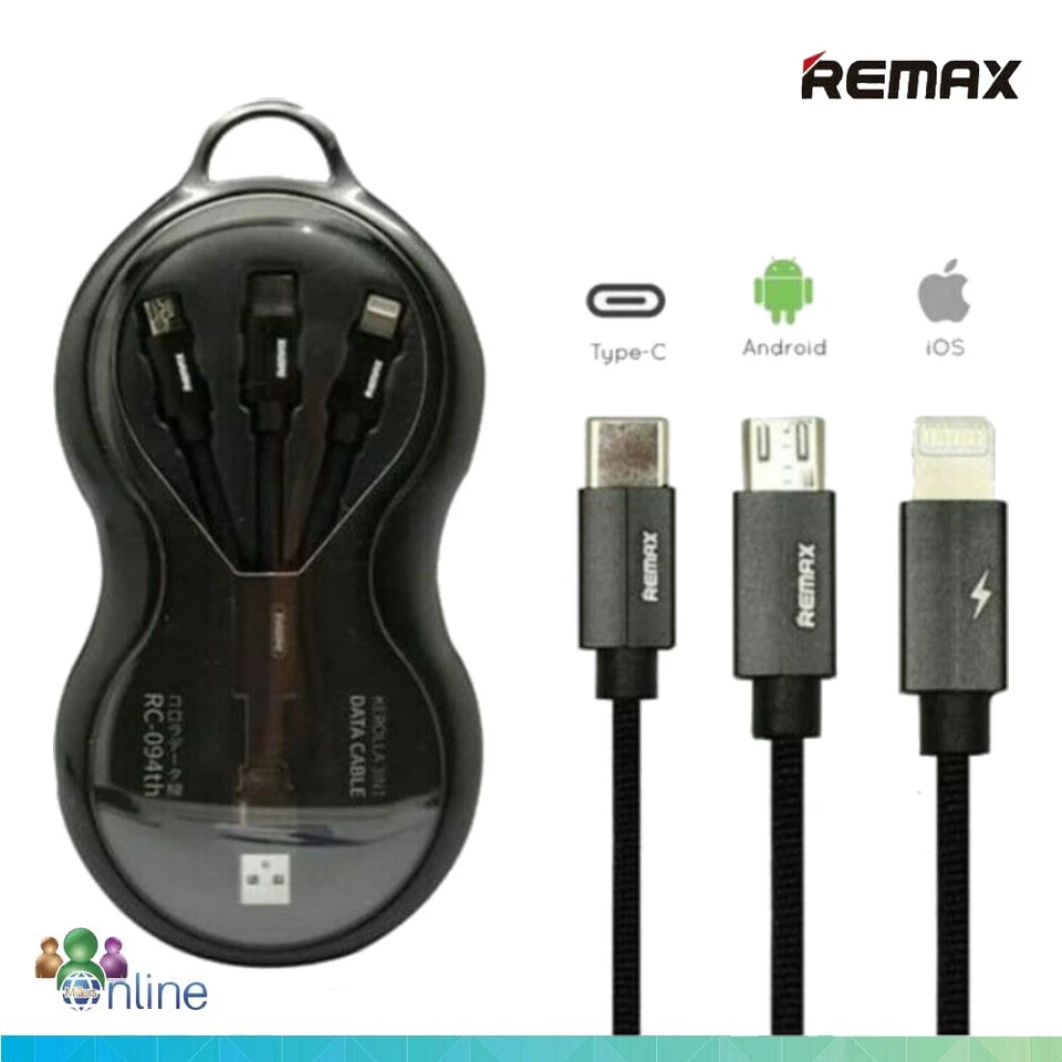 2.4 Amp Data Sync Fast Charging Cable REMAX RC-094TH 3 IN 1 Data Cable 1M Black - Image 2 of 2