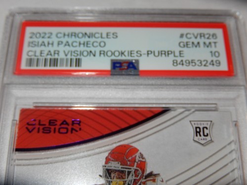 Isiah Pacheco Panini Chronicles Clear Vision RC 2022 púrpura PSA 10 11/49 ¡Pop 1! - Imagen 2 de 5