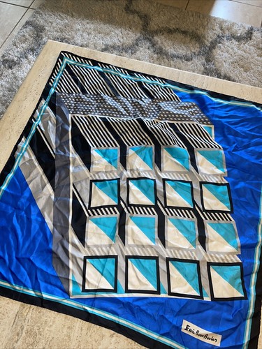 Silk Scarf Eric Boor Bourlon Paris ART 3D Square 30”x30” Blue Black Wht Designer - Picture 2 of 6