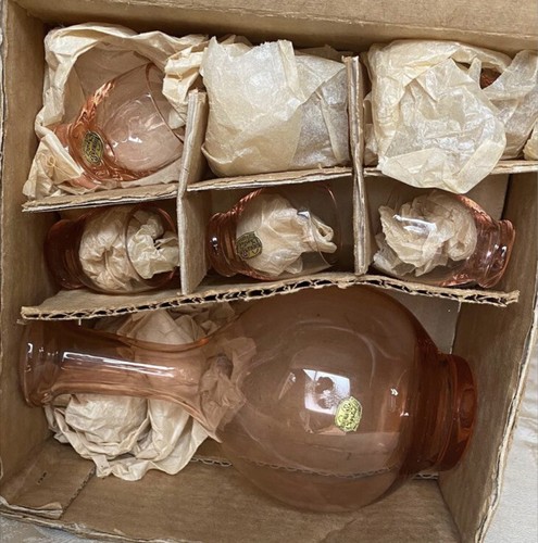 NIB Bohemia Crystal Round Barbie Pink Decanter Set Six Glasses Czechoslovakia - Bild 5 von 9