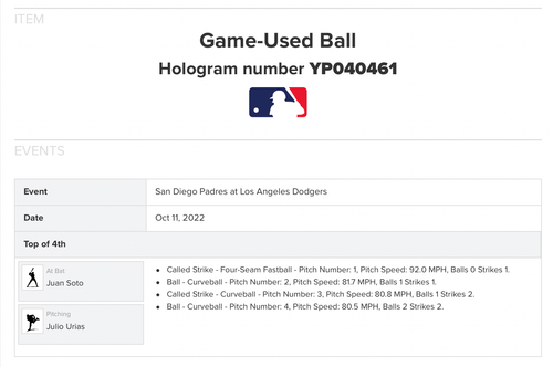JUAN SOTO (4 Pitches) JULIO URIAS 10/11/22 NLDS Game 1 Used PADRES Dodgers Mets - Picture 2 of 2