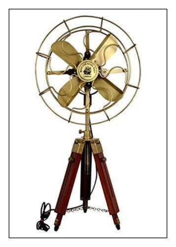 Antique Brass Golden Nautical Adjustable Hight Vintage Look Tripod Table Fan - Picture 5 of 9