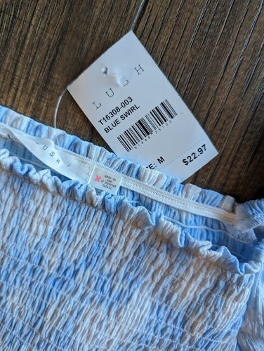 LUSH Blue and White Swirl Smocked Short Sleeve Crop Top NWT Size Medium USA Made - Picture 4 of 18