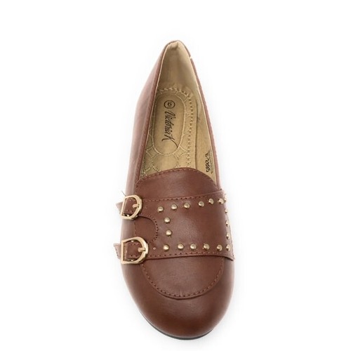 Victoria K Women's Double Buckles Gold Studs Ballerina Flats, Brown, Size: 8.5 - Picture 4 of 5