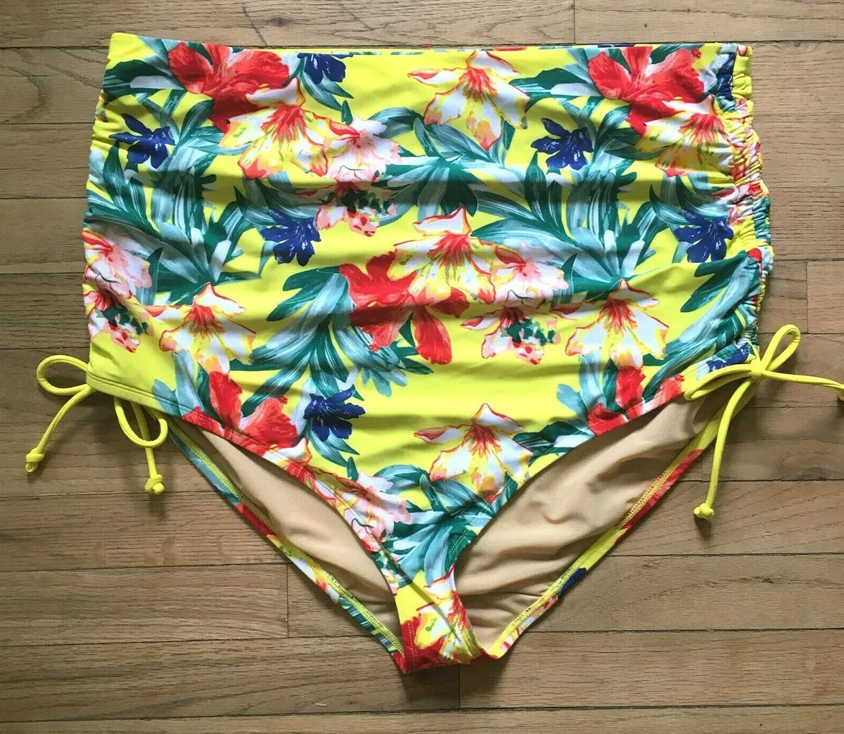 SWIM by CACIQUE Plus Size 26 Yellow Floral High Waist Swimsuit Bottom Ruched