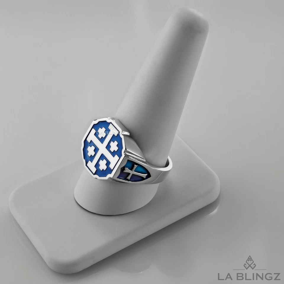 Sterling Silver Blue Enamel Jerusalem Cross Octagon Signet Ring for Men - Image 4 of 4