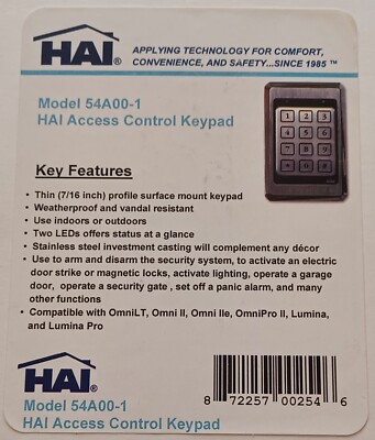 New Access Control Keypad 54A00-1 K1-34S-HAI Omni Lumina Home Automation Leviton