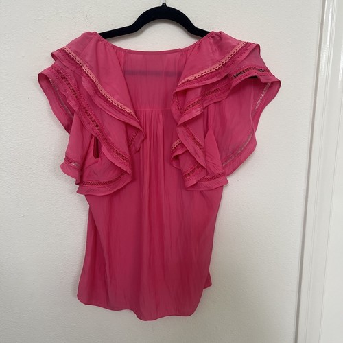 Blusa Top Ramy Brook Talla S Volantes en Niveles Manga Acampanada Rosa Escote en V Verano - Imagen 8 de 9