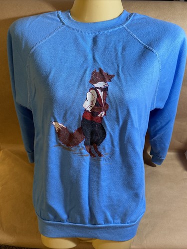 VTG 80s Spencers Gifts Large Blue Fleece Shirt  Sweatshirt Fox 100% acrylic - Picture 2 of 12