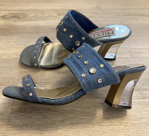 Previa Slip On Clear Block Heels Denim Sandals Gems 80s 90s VTG Studded sz 8B - Picture 10 of 15