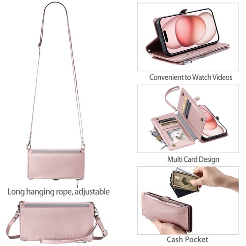 For iPhone 16/15/14/13 Pro Max Crossbody Strap Zipper Wallet Flip Stand Case - Picture 9 of 72