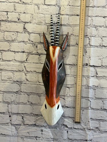 50cm Antelope Hand Carved Fair Trade Wooden Animal Wall Art Wall Hang Mask - Imagen 4 de 7