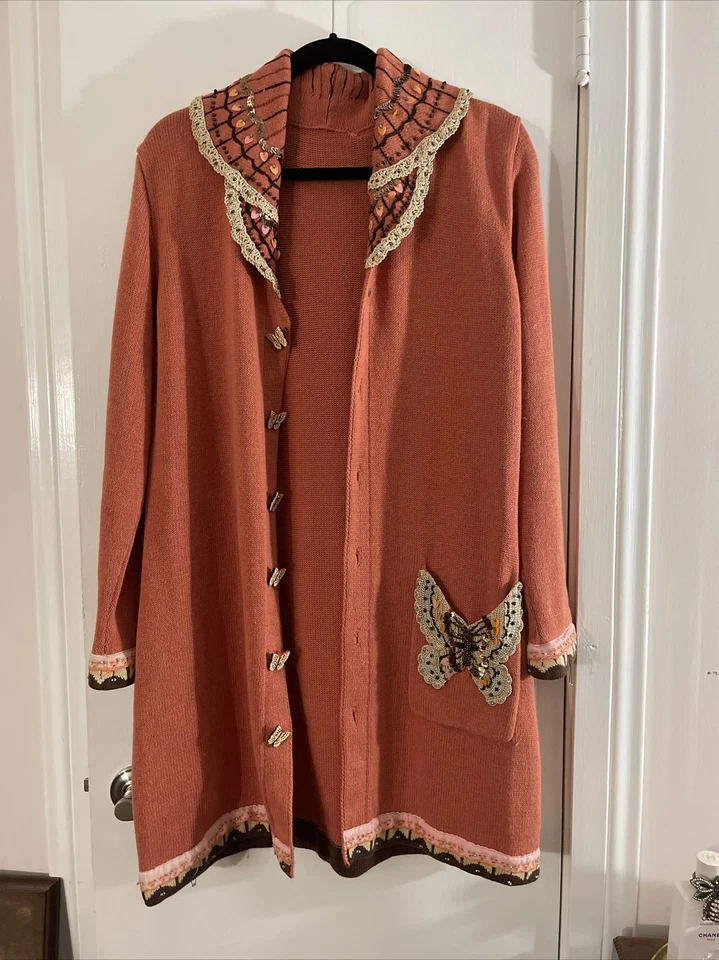 DULCE Suéter Vintage Con Cuentas Gran Calidad Mariposas Artesanal Bolsillo Grande Foto 3 de 4