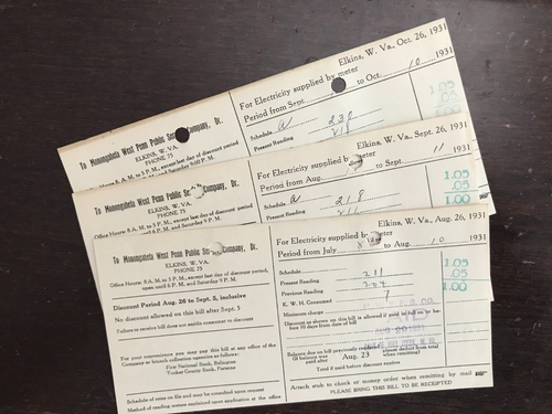 Elkins Wv ~ Monongahela West Penn Public Service ~ 1931 Electricity Bills-Lot