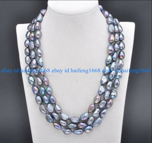 3 Reihen Echte Natürlich 7-8mm Schwarze Barocke Süßwasser Perle Halskette 18-20" - Bild 6 von 12