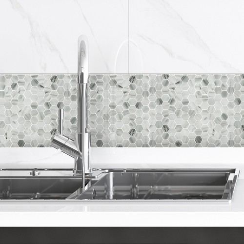 Venice Mosaic Tiles Sheet Hexagon White Carrara Effect Glass for Walls Floors - Picture 4 of 10