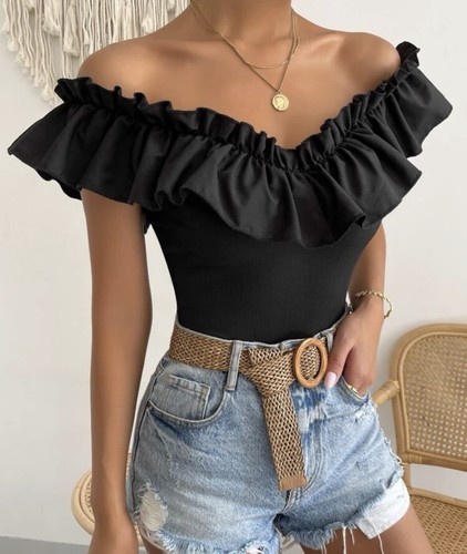Boutique Off Shoulder Ruffle Trim Fitted Top Size Large - Picture 6 of 7