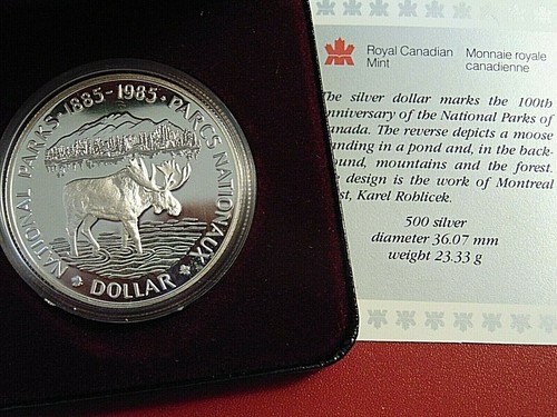Dólar de plata Canada Moose 1985 encapsulado prueba como PL SIN USAR, EN CAJA CERTIFICADO DE AUTENTICIDAD - Imagen 2 de 6